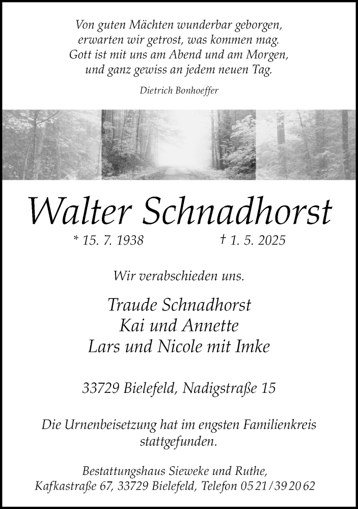  Traueranzeige für Walter Schnadhorst vom 24.05.2025 aus Neue Westfälische und Westfalen-Blatt