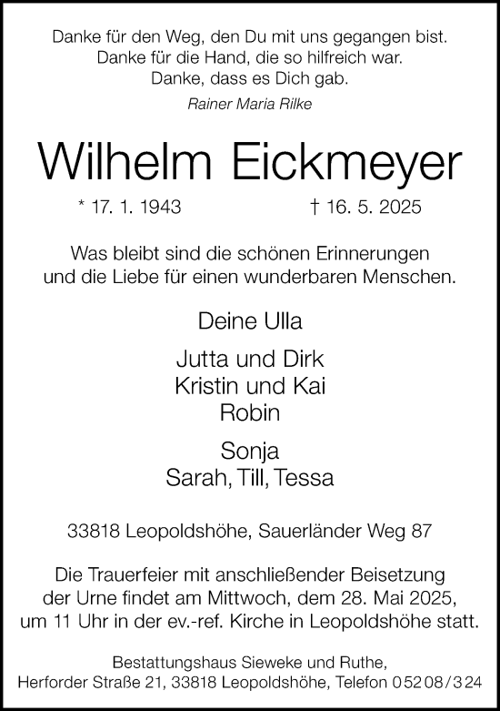 Traueranzeige von Wilhelm Eickmeyer von Neue Westfälische und Westfalen-Blatt