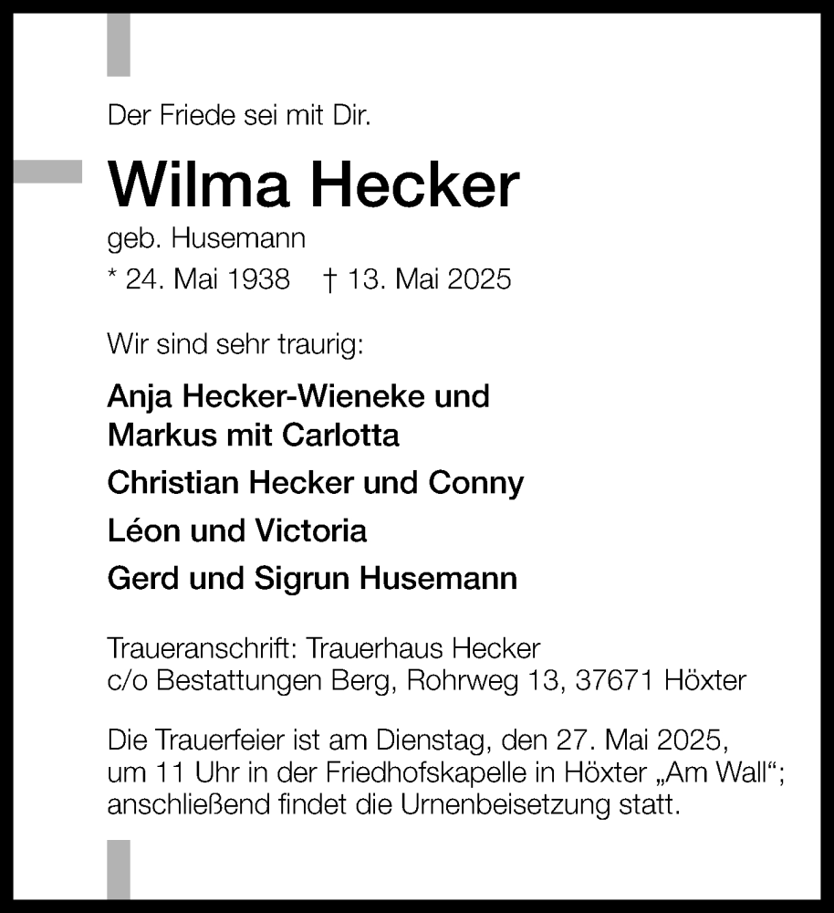  Traueranzeige für Wilma Hecker vom 17.05.2025 aus Neue Westfälische und Westfalen-Blatt