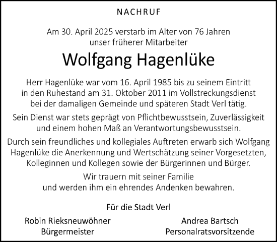 Traueranzeige von Wolfgang Hagenlüke von Neue Westfälische und Westfalen-Blatt