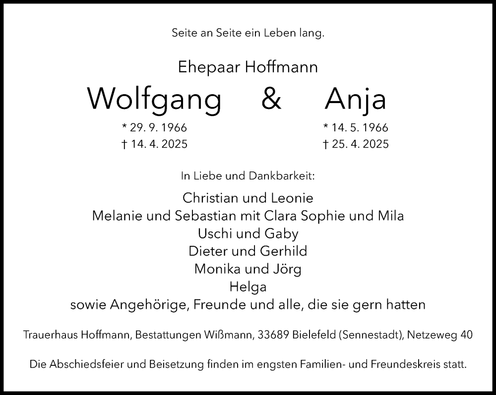  Traueranzeige für Wolfgang und Anja  Hoffmann vom 10.05.2025 aus Neue Westfälische und Westfalen-Blatt