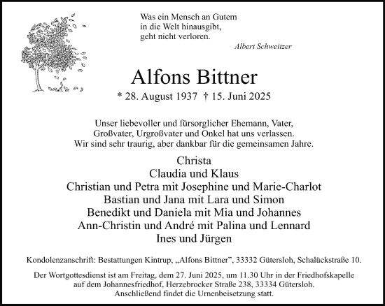 Traueranzeige von Alfons Bittner von Neue Westfälische und Westfalen-Blatt