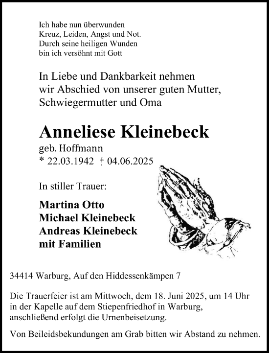 Traueranzeige von Anneliese Kleinebeck von Neue Westfälische und Westfalen-Blatt