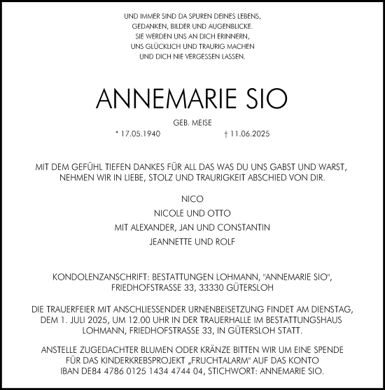 Traueranzeige von ANNEMARIE SIO von Neue Westfälische und Westfalen-Blatt