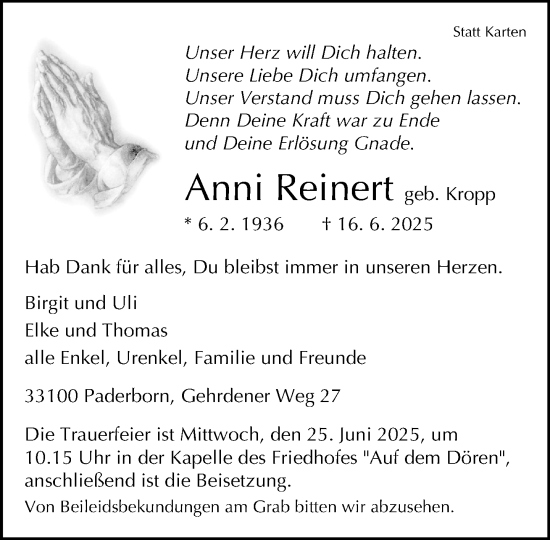 Traueranzeige von Anni Reinert von Neue Westfälische und Westfalen-Blatt