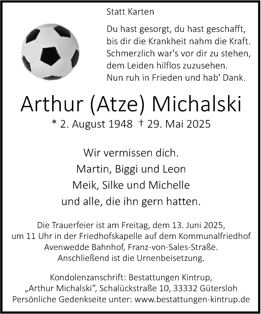  Traueranzeige für Arthur Michalski vom 07.06.2025 aus Neue Westfälische und Westfalen-Blatt