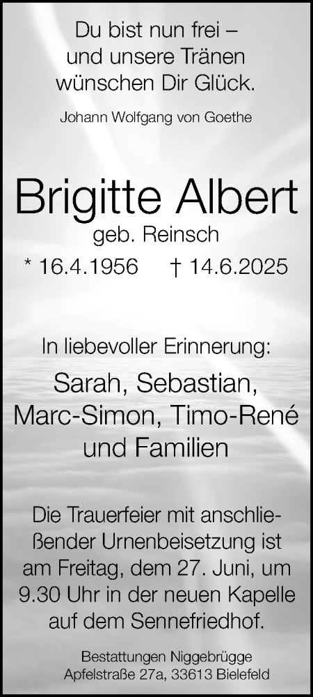  Traueranzeige für Brigitte Albert vom 21.06.2025 aus Neue Westfälische und Westfalen-Blatt