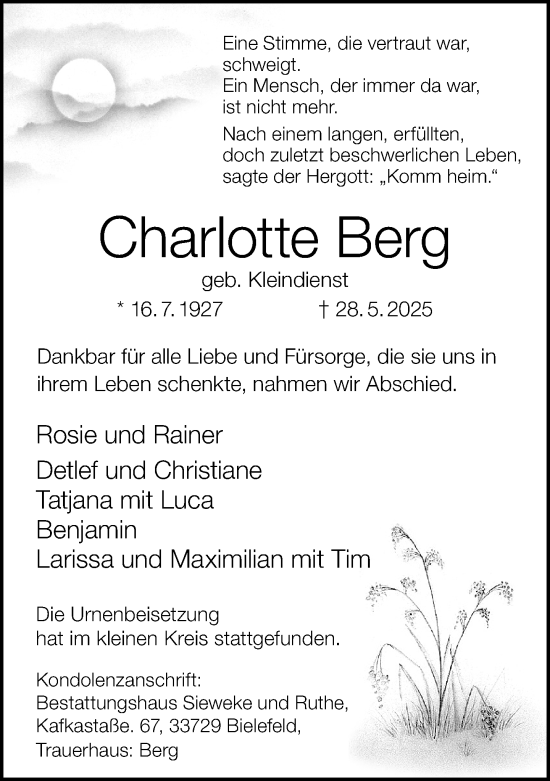 Traueranzeige von Charlotte Berg von Neue Westfälische und Westfalen-Blatt