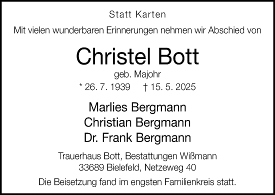Traueranzeige von Christel Bott von Neue Westfälische und Westfalen-Blatt