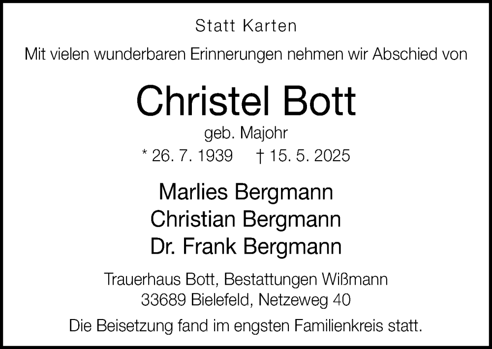  Traueranzeige für Christel Bott vom 07.06.2025 aus Neue Westfälische und Westfalen-Blatt