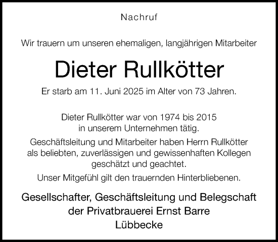 Traueranzeige von Dieter Rullkötter von Neue Westfälische und Westfalen-Blatt