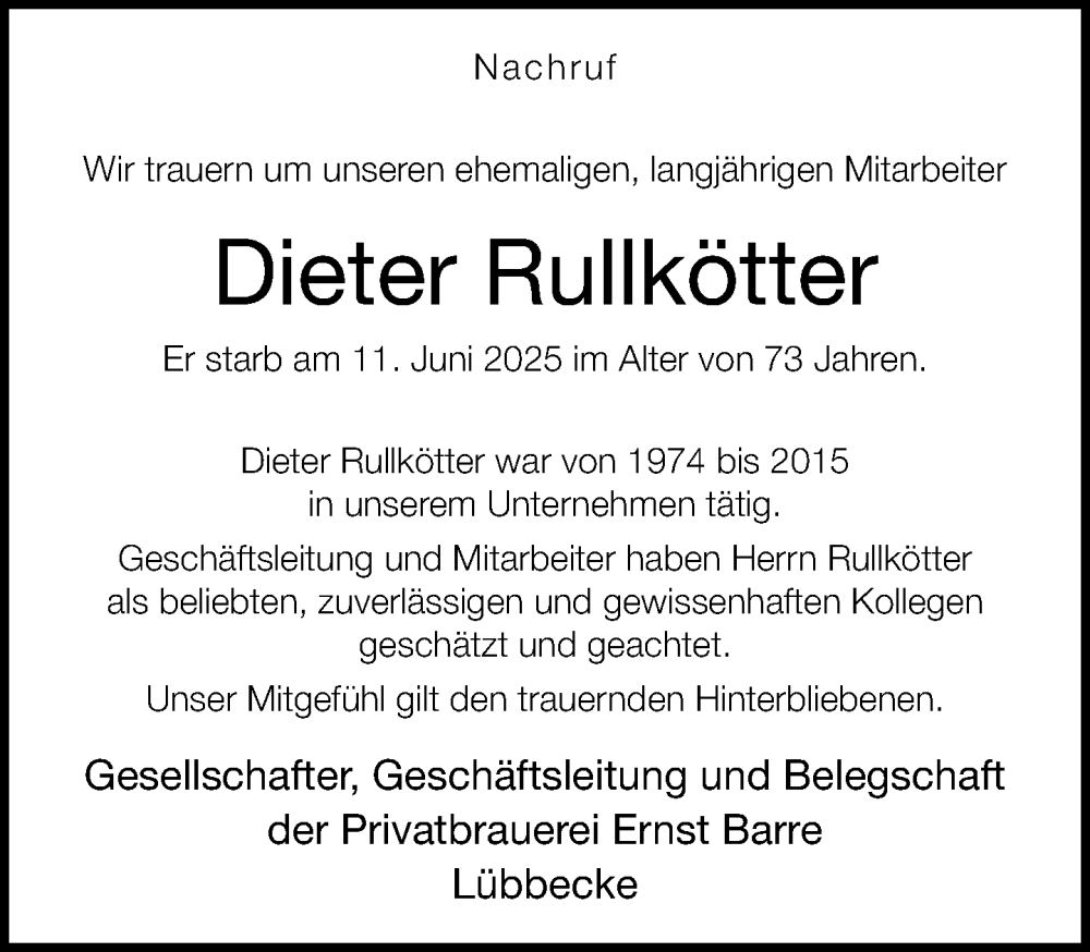  Traueranzeige für Dieter Rullkötter vom 20.06.2025 aus Neue Westfälische und Westfalen-Blatt