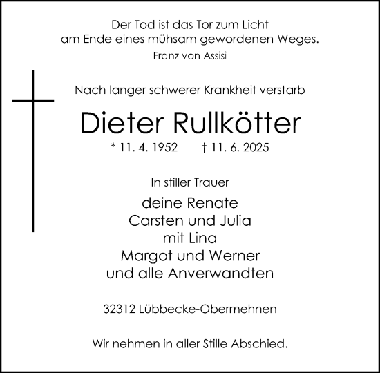 Traueranzeige von Dieter Rullkötter von Neue Westfälische und Westfalen-Blatt