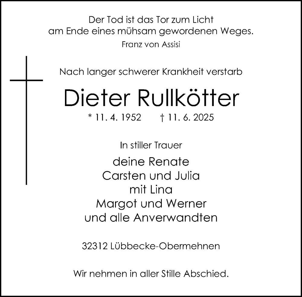  Traueranzeige für Dieter Rullkötter vom 18.06.2025 aus Neue Westfälische und Westfalen-Blatt