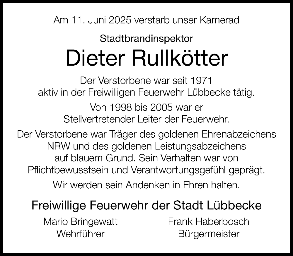 Traueranzeige für Dieter Rullkötter vom 24.06.2025 aus Neue Westfälische und Westfalen-Blatt