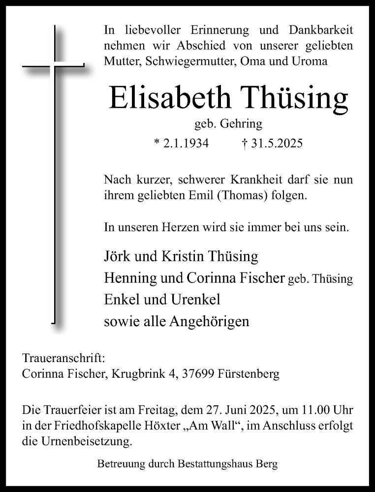  Traueranzeige für Elisabeth Thüsing vom 07.06.2025 aus Neue Westfälische und Westfalen-Blatt