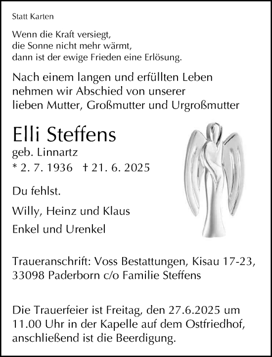 Traueranzeige von Elli Steffens von Neue Westfälische und Westfalen-Blatt