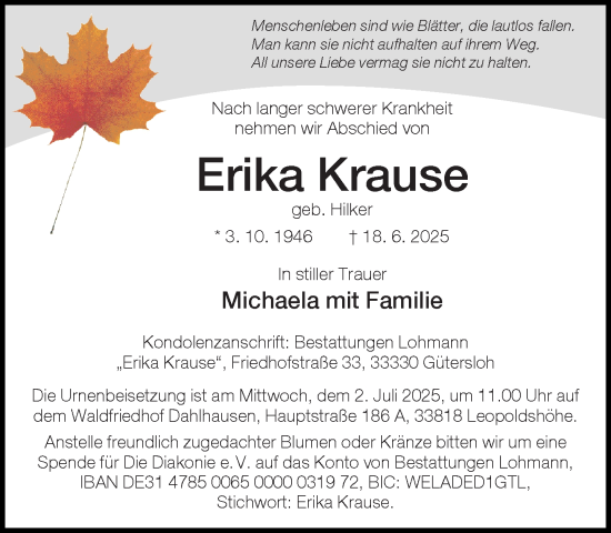 Traueranzeige von Erika Krause von Neue Westfälische und Westfalen-Blatt