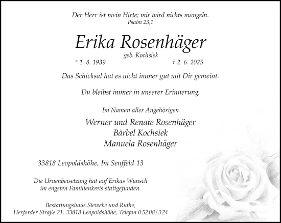Traueranzeige von Erika Rosenhäger von Neue Westfälische und Westfalen-Blatt