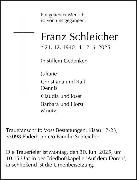 Traueranzeige von Franz Schleicher von Neue Westfälische und Westfalen-Blatt