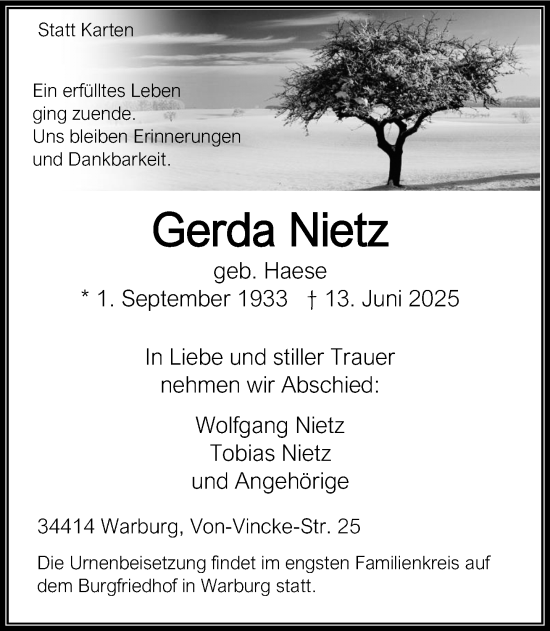 Traueranzeige von Gerda Nietz von Neue Westfälische und Westfalen-Blatt