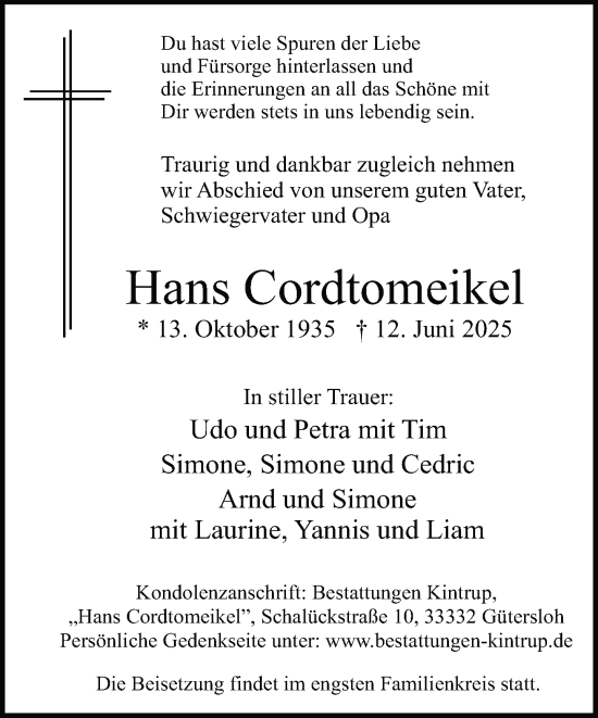 Traueranzeige von Hans Cordtomeikel von Neue Westfälische und Westfalen-Blatt