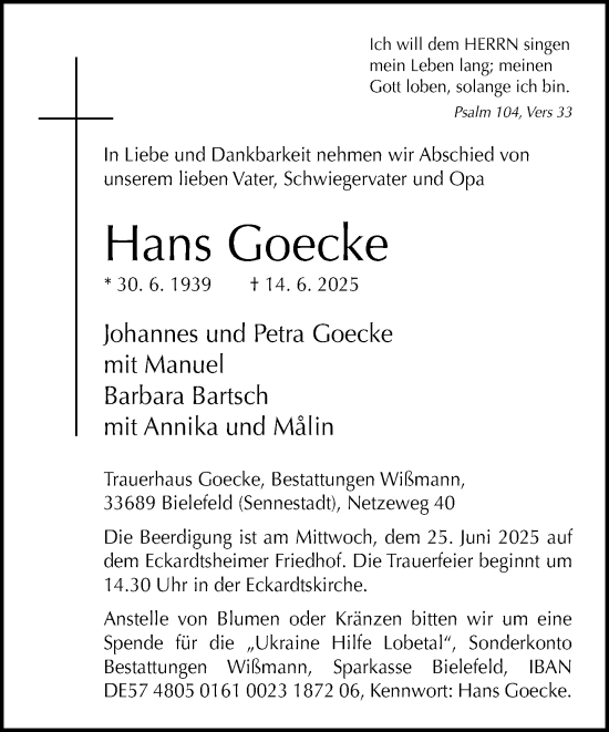 Traueranzeige von Hans Goecke von Neue Westfälische und Westfalen-Blatt
