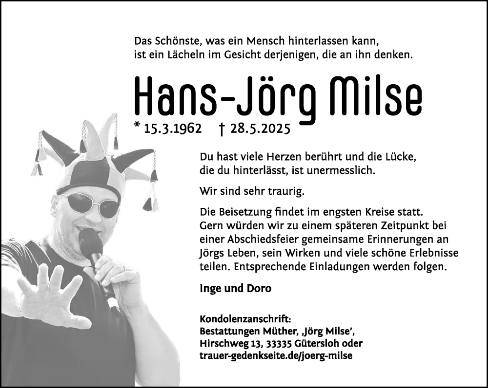  Traueranzeige für Hans-Jörg Milse vom 07.06.2025 aus Neue Westfälische und Westfalen-Blatt