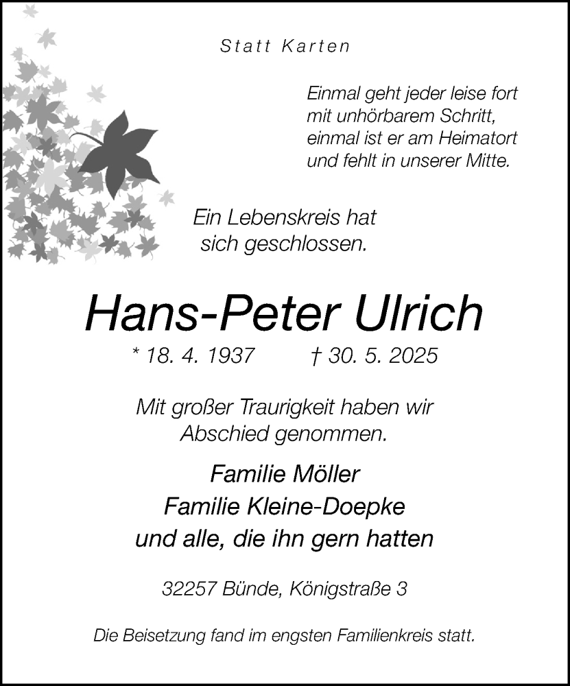 Traueranzeige für Hans-Peter Ulrich vom 14.06.2025 aus Neue Westfälische und Westfalen-Blatt