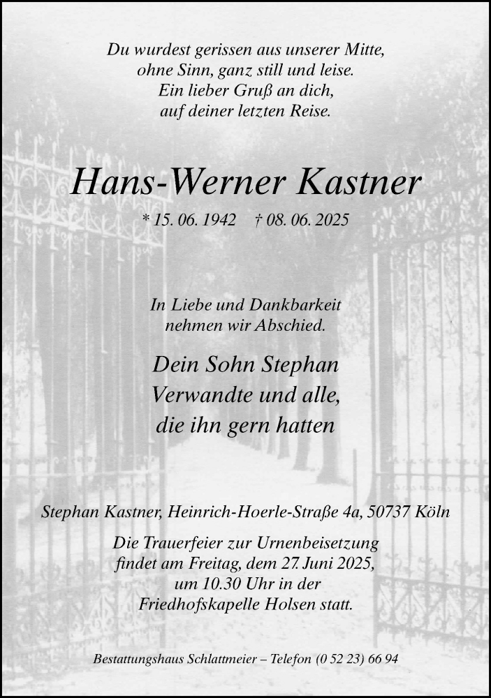  Traueranzeige für Hans-Werner Kastner vom 14.06.2025 aus Neue Westfälische und Westfalen-Blatt