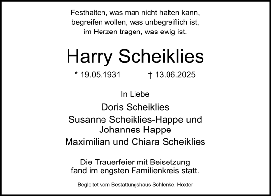 Traueranzeige von Harry Scheiklies von Neue Westfälische und Westfalen-Blatt