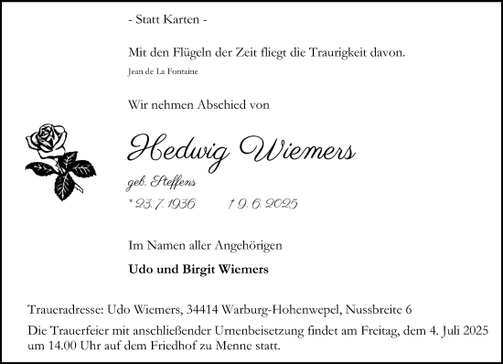 Traueranzeige von Hedwig Wiemers von Neue Westfälische und Westfalen-Blatt