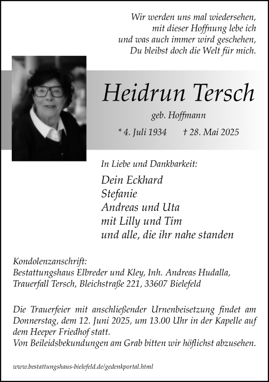 Traueranzeige von Heidrun Tersch von Neue Westfälische und Westfalen-Blatt