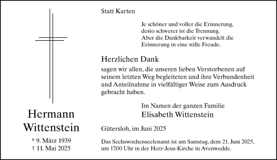 Traueranzeige von Hermann Wittenstein von Neue Westfälische und Westfalen-Blatt