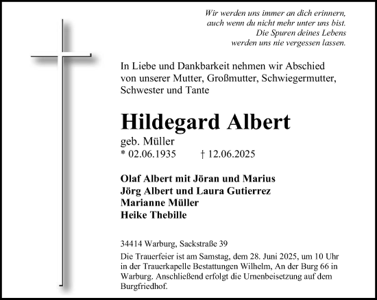 Traueranzeige von Hildegard Albert von Neue Westfälische und Westfalen-Blatt