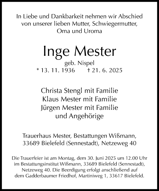 Traueranzeige von Inge Mester von Neue Westfälische und Westfalen-Blatt