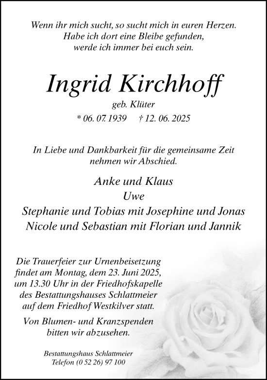 Traueranzeige von Ingrid Kirchhoff von Neue Westfälische und Westfalen-Blatt