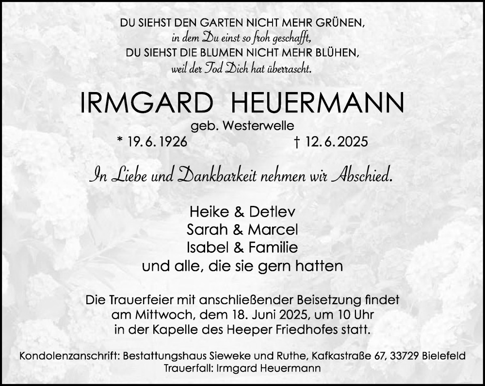  Traueranzeige für Irmgard Heuermann vom 14.06.2025 aus Neue Westfälische und Westfalen-Blatt