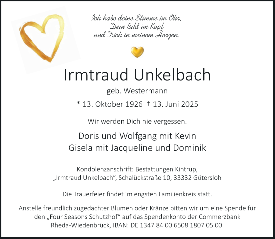 Traueranzeige von Irmtraud Unkelbach von Neue Westfälische und Westfalen-Blatt