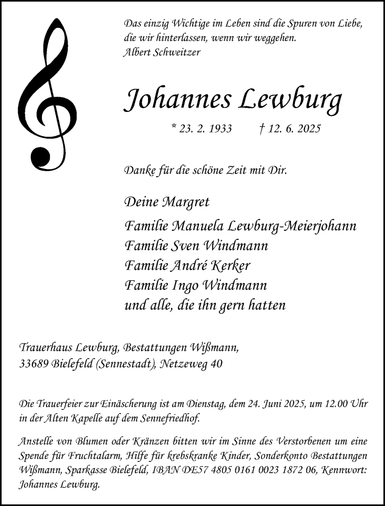  Traueranzeige für Johannes Lewburg vom 21.06.2025 aus Neue Westfälische und Westfalen-Blatt