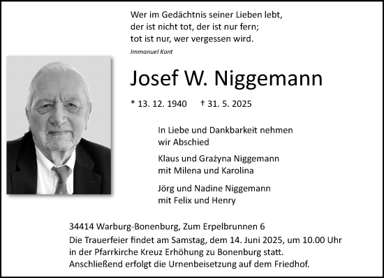 Traueranzeige von Josef Niggemann von Neue Westfälische und Westfalen-Blatt