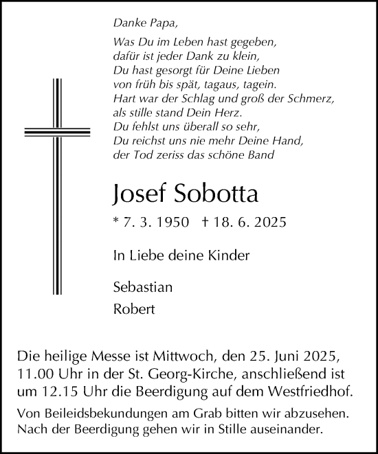 Traueranzeige von Josef Sobotta von Neue Westfälische und Westfalen-Blatt