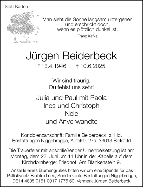 Traueranzeige von Jürgen Beiderbeck von Neue Westfälische und Westfalen-Blatt