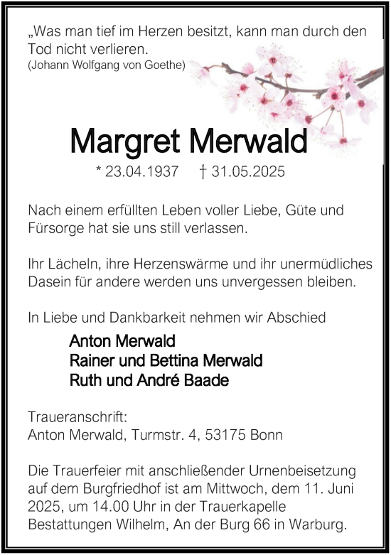 Traueranzeige von Margret Merwald von Neue Westfälische und Westfalen-Blatt