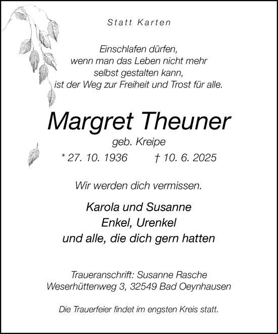 Traueranzeige von Margret Theuner von Neue Westfälische und Westfalen-Blatt