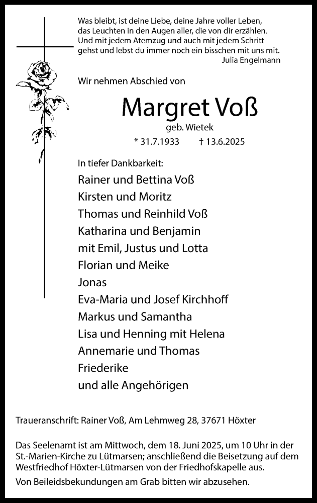  Traueranzeige für Margret Voß vom 14.06.2025 aus Neue Westfälische und Westfalen-Blatt