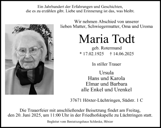 Traueranzeige von Maria Todt von Neue Westfälische und Westfalen-Blatt