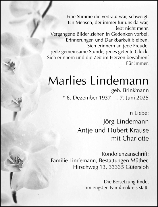 Traueranzeige von Marlies Lindemann von Neue Westfälische und Westfalen-Blatt