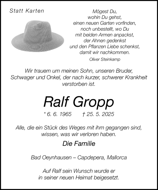 Traueranzeige von Ralf Gropp von Neue Westfälische und Westfalen-Blatt