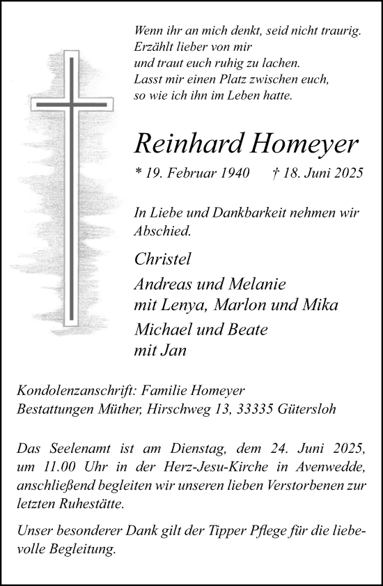 Traueranzeige von Reinhard Homeyer von Neue Westfälische und Westfalen-Blatt